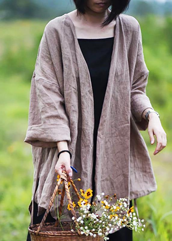 Natural linen top silhouette plus size Casual Pure Color Lacing Long Sleeve Coat