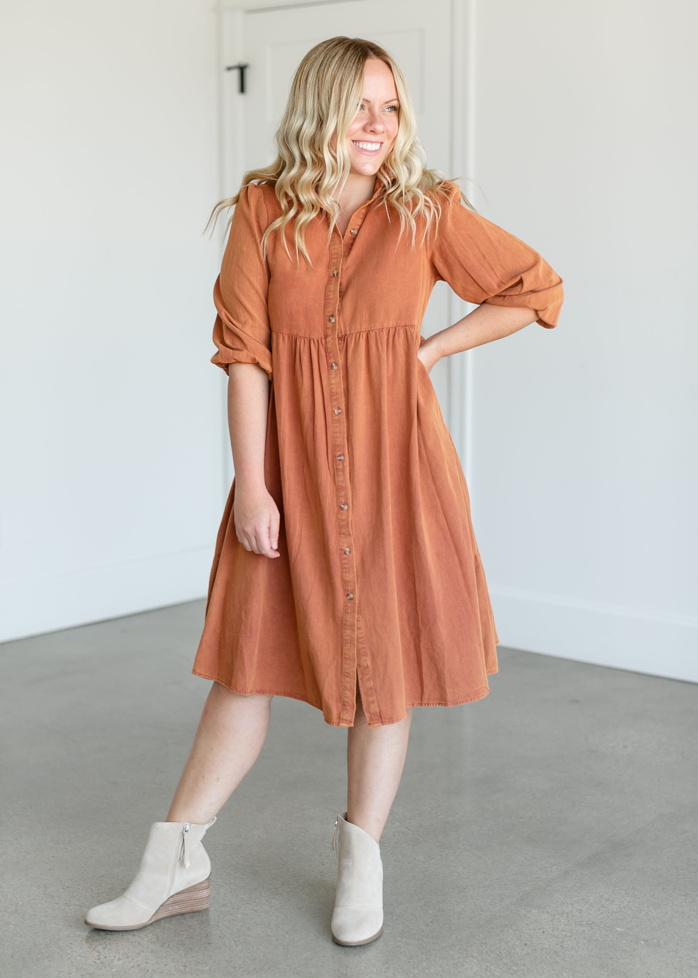 Collared Denim Midi Shirt Dress