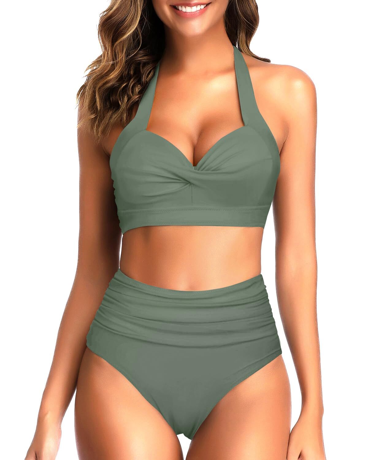 TYPE-01 Women Two Piece Vintage Swimsuit Retro Halter Ruched High Waist Bikini with Bottom