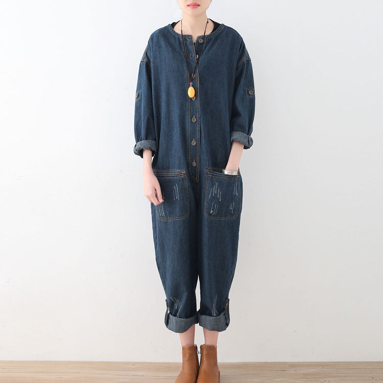2021 blue casual cotton high waist plus size jumpsuit pants